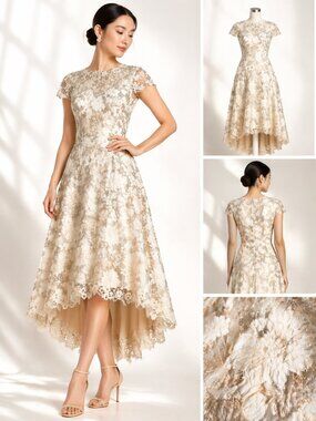 Tadashi Shoji Isa Dress Lace Embroidered Tea Length Size 18